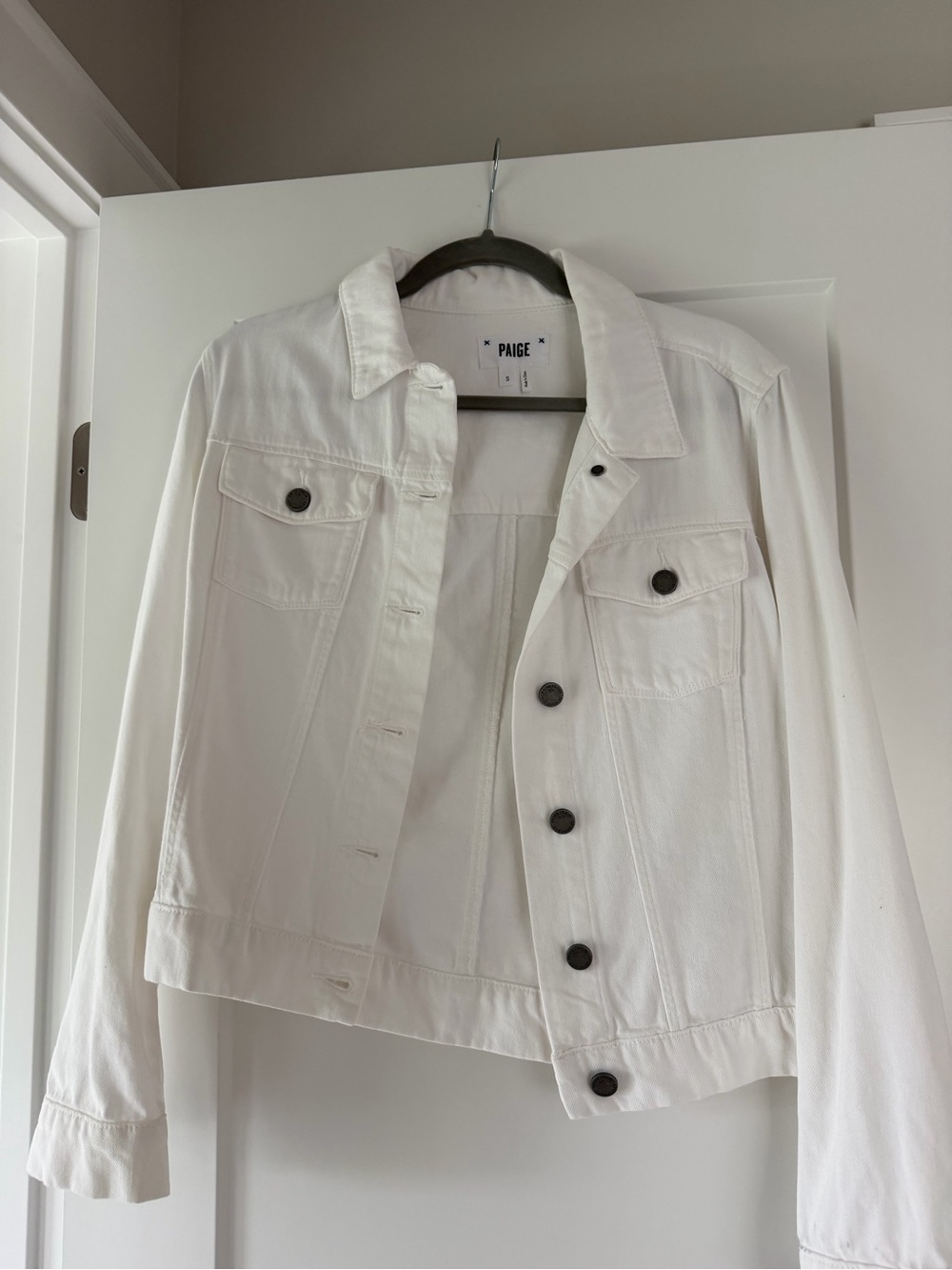 PAIGE White Denim Trucker Jacket with Dark Buttons